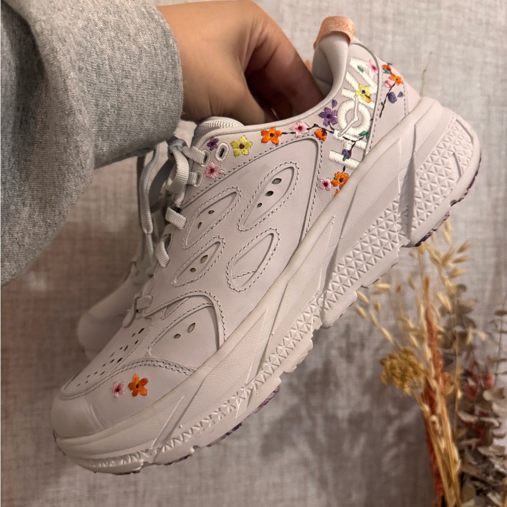 Hoka One One Grey Sneakers with Floral Accents